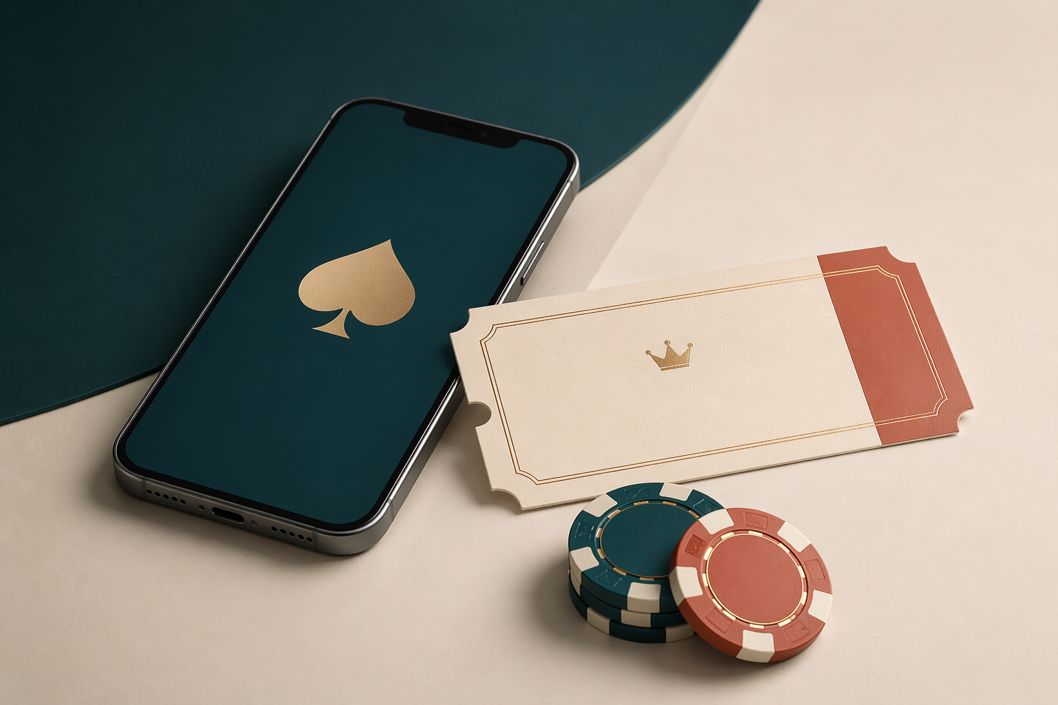 Editorial illustration of a phone, bonus ticket and chips representing no deposit casino bonuses