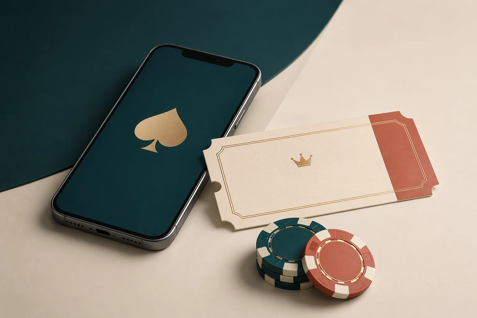 Minimal casino-themed desk scene with phone, chips and ticket representing a no deposit bonus