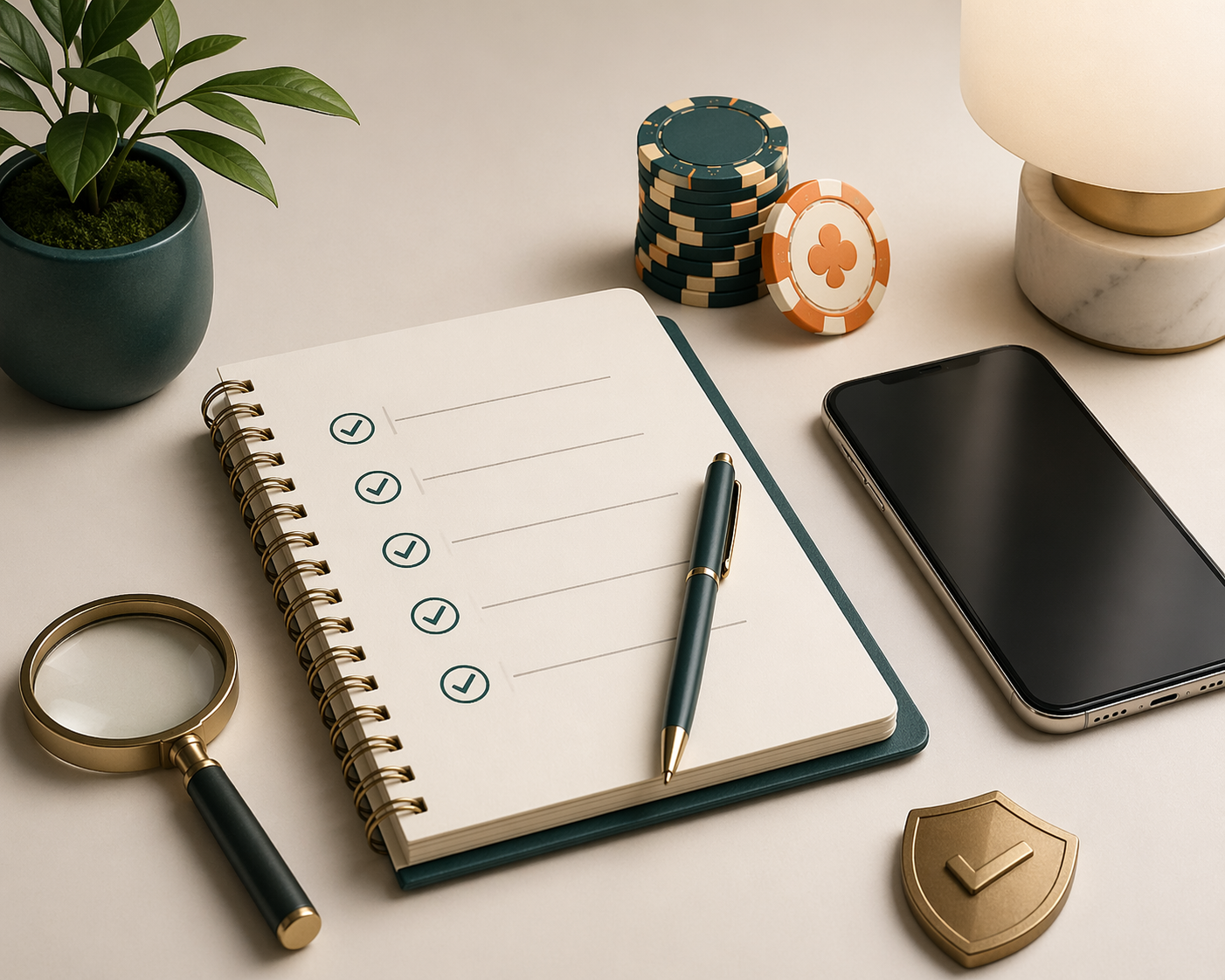 Notebook, checklist and mobile screen illustrating how to review no deposit casino bonus terms